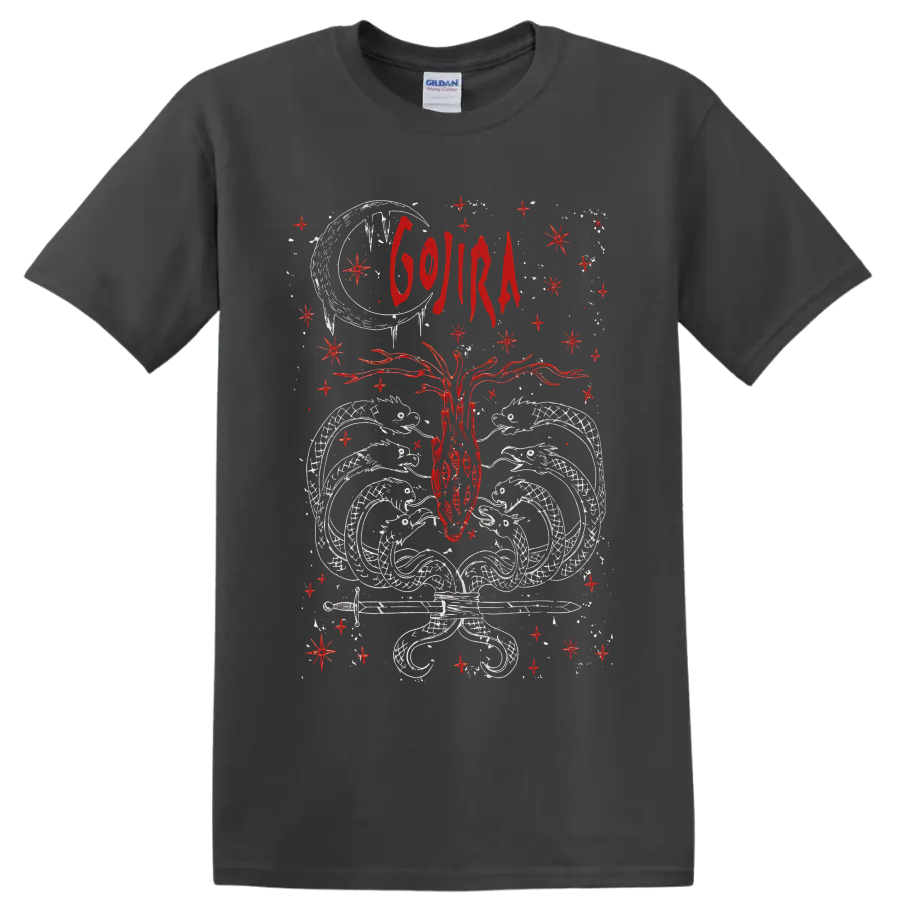 Gojira sacred heart with moon, wings, stars, and red gothic celestial linework on a Charcoal T Shirt