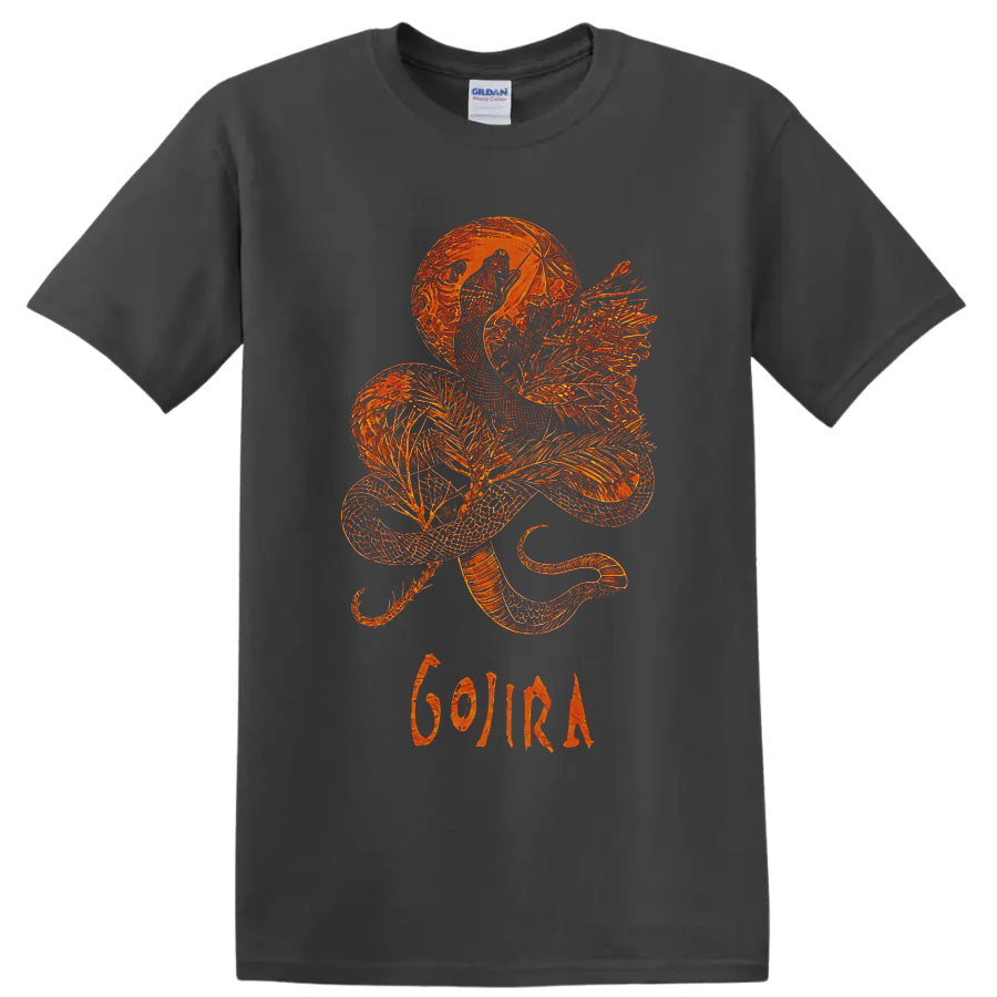 Orange winged dragon beneath a moon with Gojira lettering in intricate fantasy line art on a Charcoal T Shirt