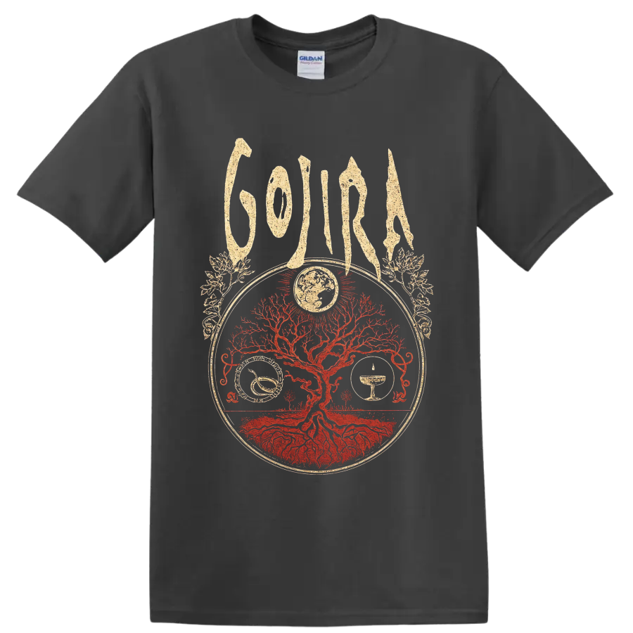 Gojira Tree of Life design with red rooted tree, globe, symbols, and distressed lettering on a Charcoal T Shirt