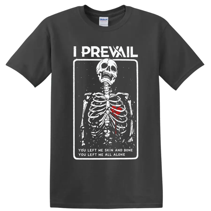 I Prevail skeleton with red heart and distressed Alone lyric graphic on a Charcoal T Shirt