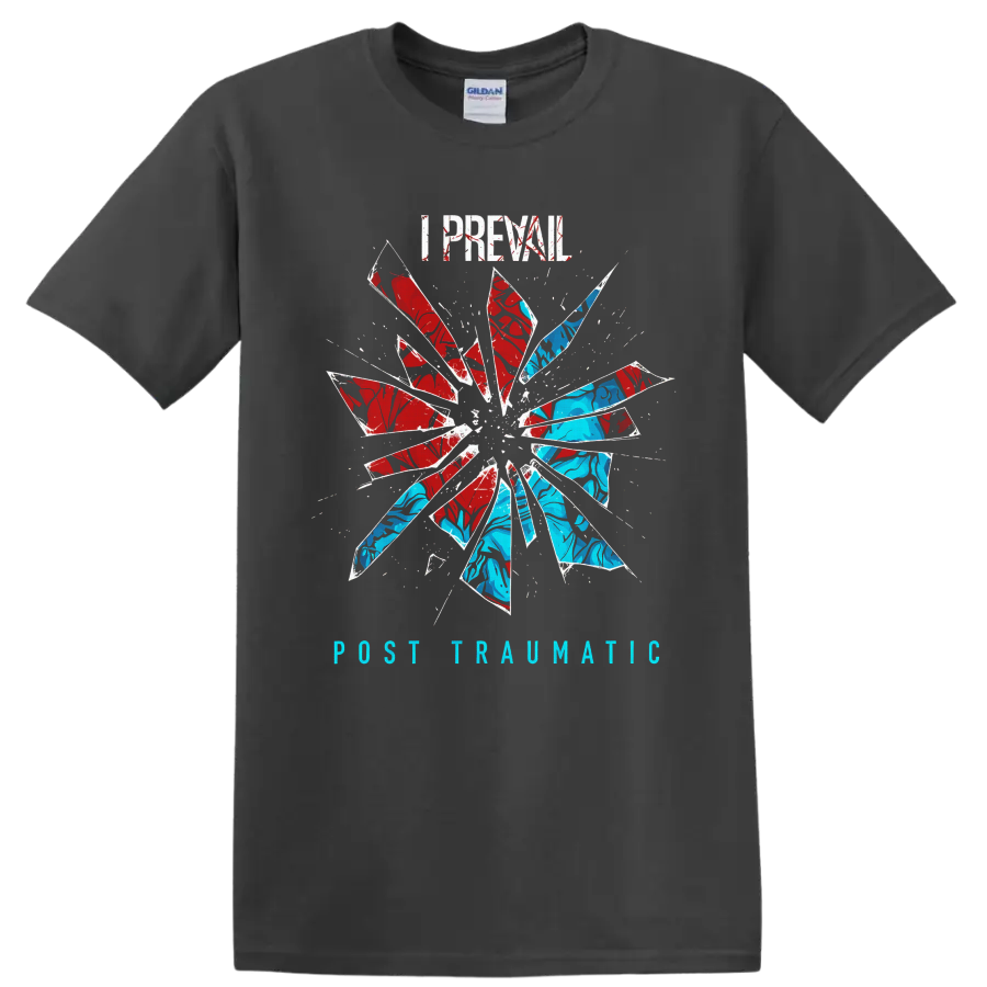 I Prevail Post Traumatic distressed text with red and blue shattered-glass burst on a Charcoal T Shirt