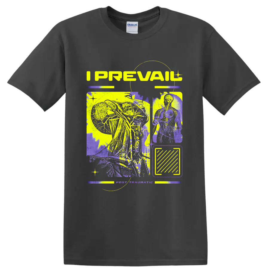 I Prevail Post Traumatic neon anatomy collage with skeletal figures and abstract panels on a Charcoal T Shirt