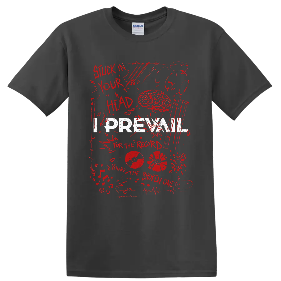 I Prevail inspired distressed brain, vinyl records, music notes, and red collage on a Charcoal T Shirt