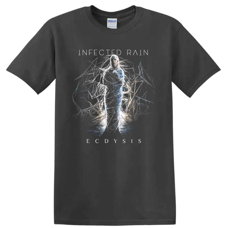 Infected Rain Ecdysis abstract figure wrapped in white and blue thread-like lines on a Charcoal T Shirt