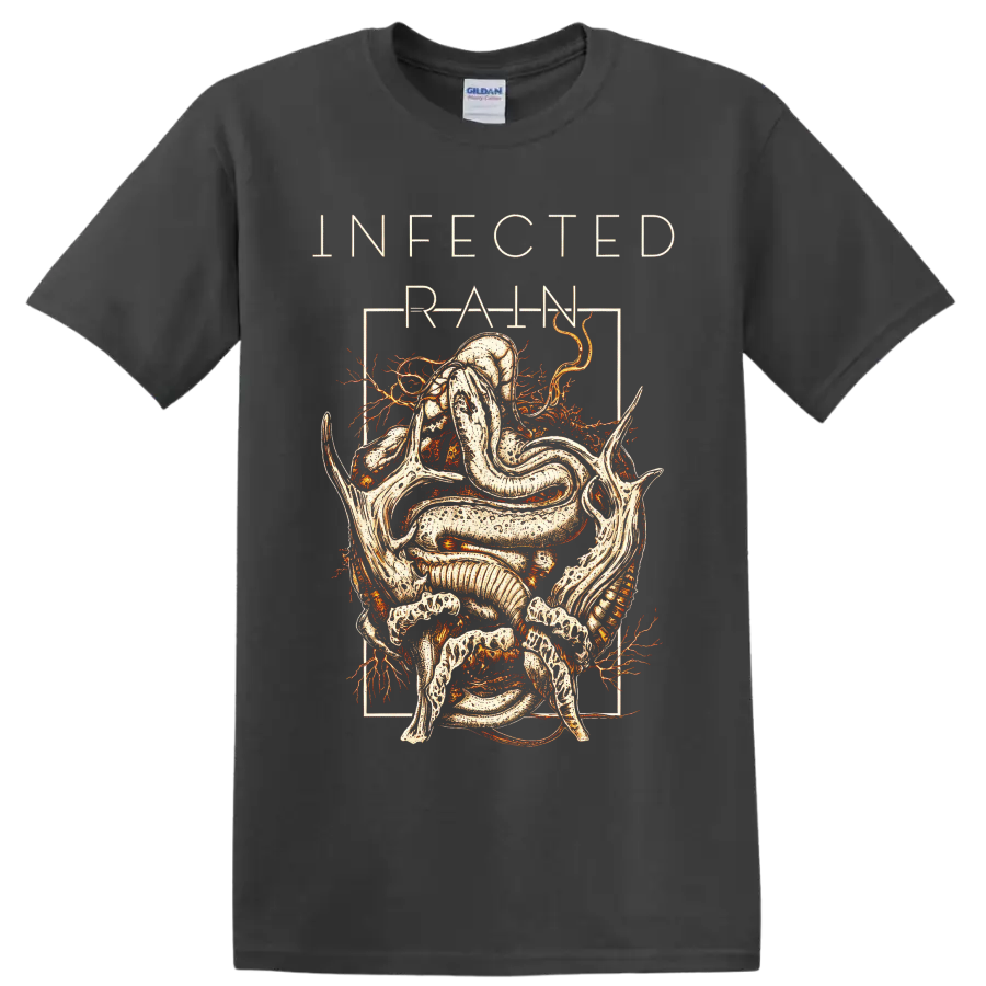 Infected Rain serpent and skeletal figure in distressed gothic line art on a Charcoal T Shirt