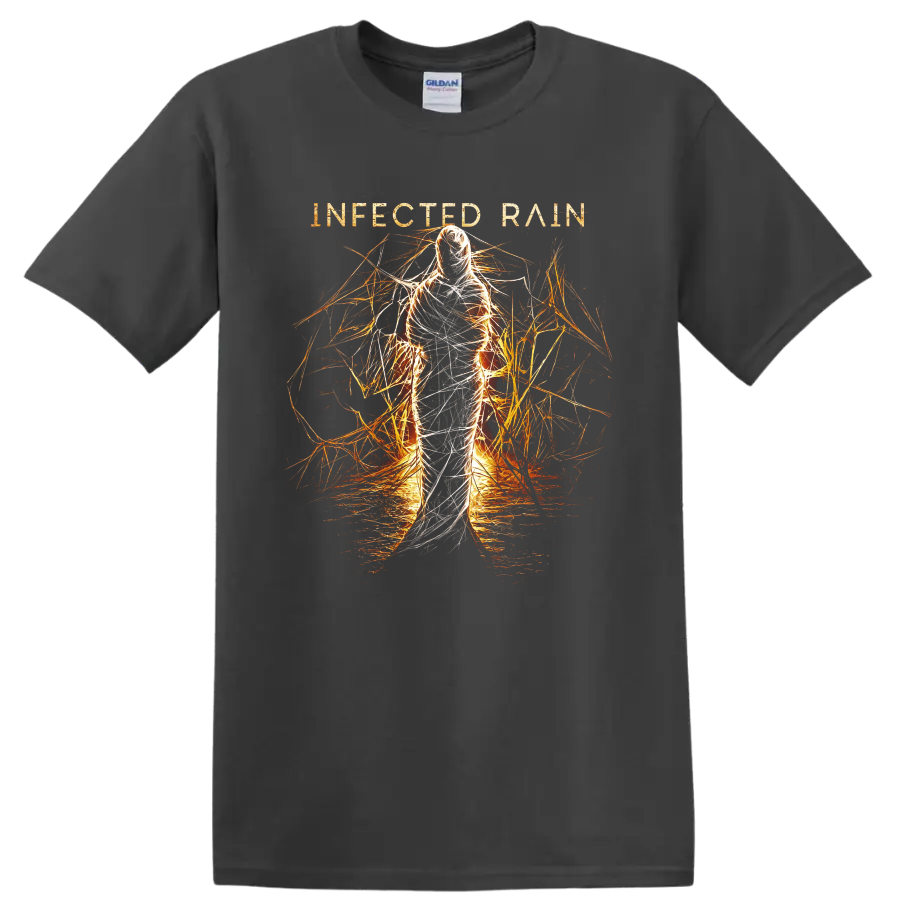 Infected Rain Ecdysis fire figure with white threads and fiery abstract linework on a Charcoal T Shirt