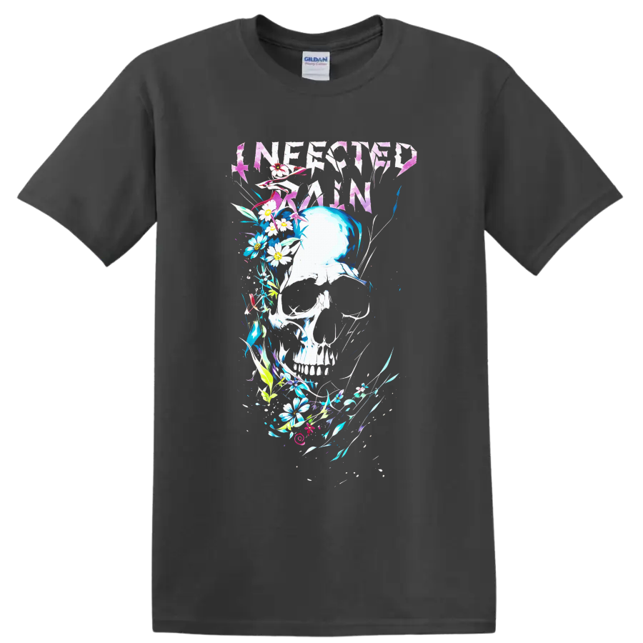 Infected Rain distressed logo above a floral skull with vivid abstract botanical accents on a Charcoal T Shirt