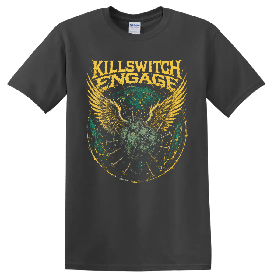 Killswitch Engage distressed logo with winged skull, nails, and cracked circular artwork on a Charcoal T Shirt