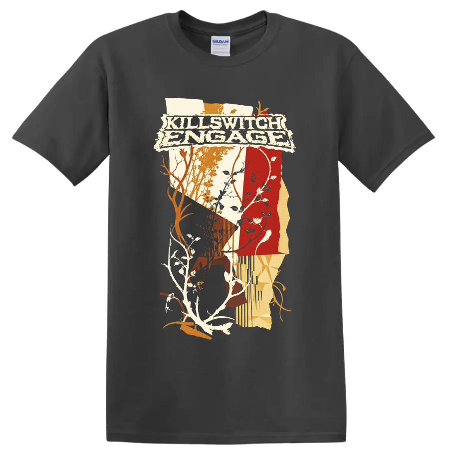 Killswitch Engage distressed logo with abstract woodland branches, vines, and warm on a Charcoal T Shirt