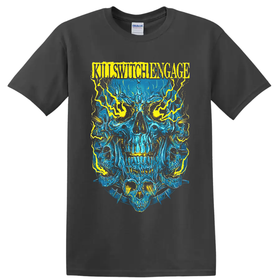 Killswitch Engage distressed logo above electric-blue skulls with yellow lightning on a Charcoal T Shirt