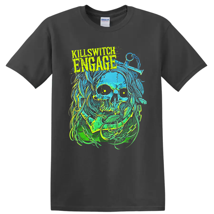 Killswitch Engage distressed skull with flowing hair, scissors, and neon metal artwork on a Charcoal T Shirt