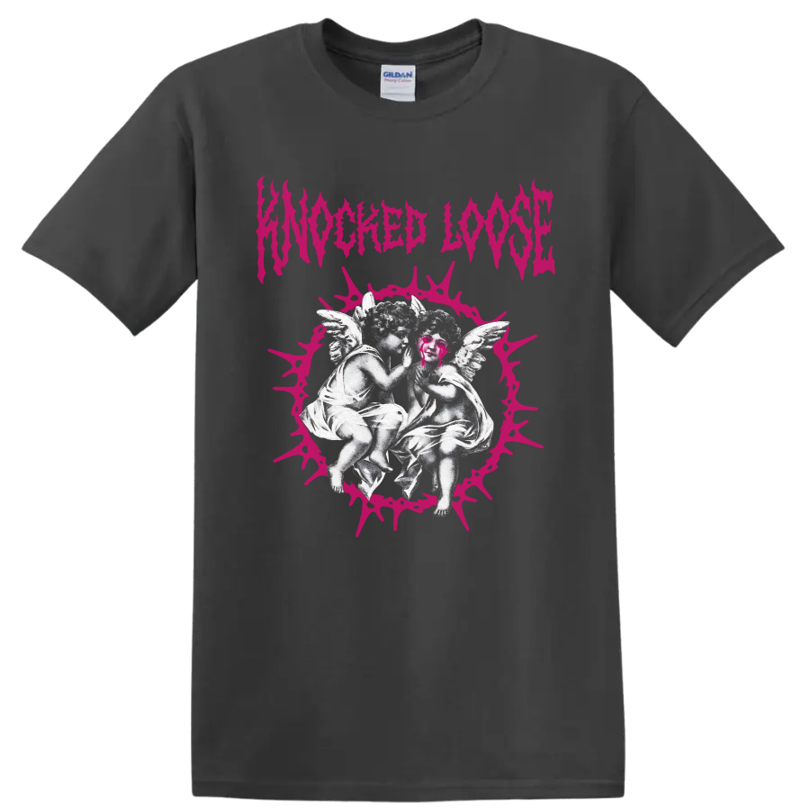 Knocked Loose gothic angel artwork with hot-pink thorn halo and jagged wordmark on a Charcoal T Shirt
