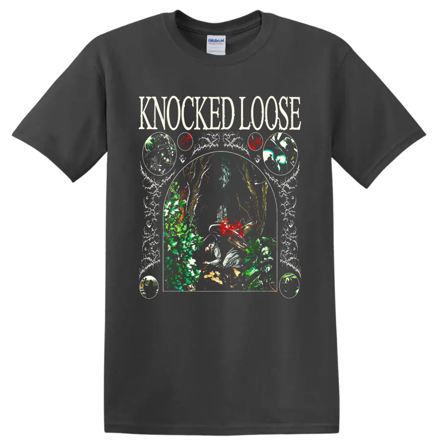 Knocked Loose gothic botanical skull and skeletal arch graphic on a Charcoal T Shirt