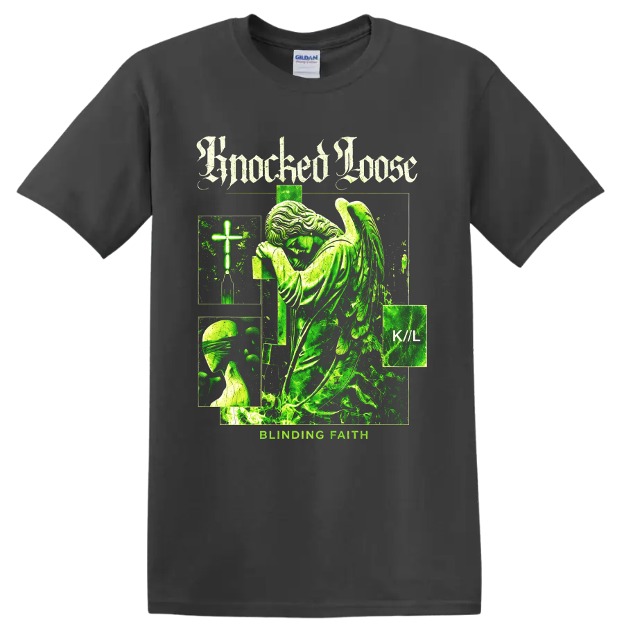 Knocked Loose Blinding Faith gothic collage with winged figure, cross, and K//L text on a Charcoal T Shirt