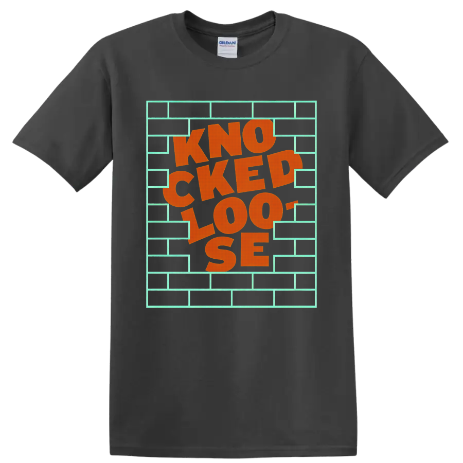 Knocked Loose The Wall orange lettering inside a mint brick wall frame on a Charcoal T Shirt