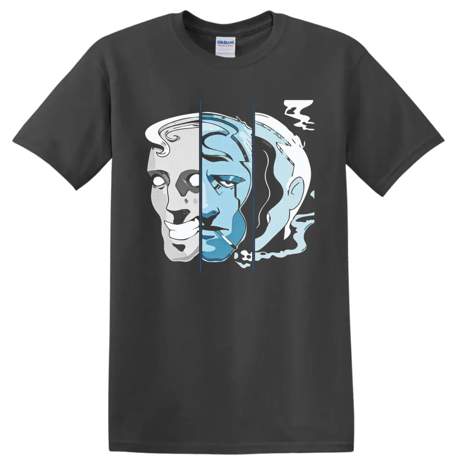 Knocked Loose Laugh Tracks blue and white split-face portrait metalcore graphic on a Charcoal T Shirt