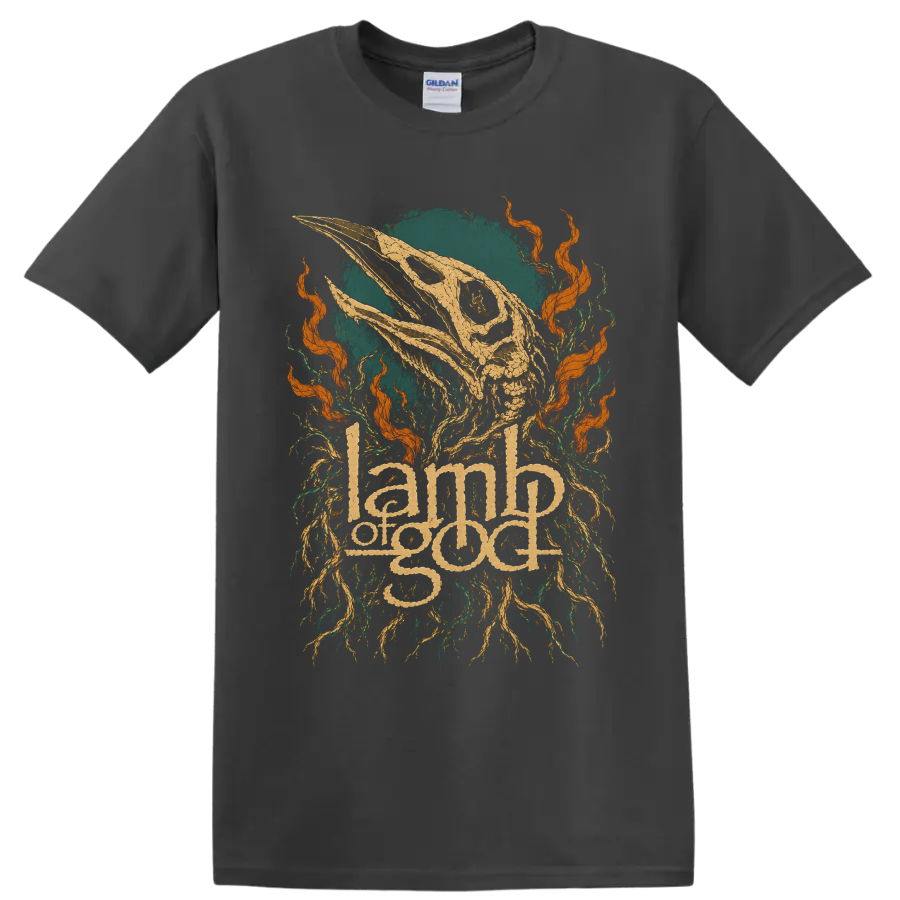 Lamb Of God ornate logo beneath distressed animal skull, roots, and orange flames on a Charcoal T Shirt