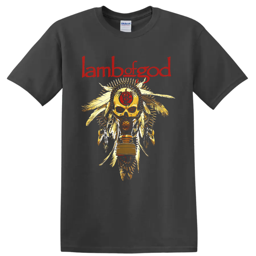 Lamb of God red logo above feathered skull and respirator mask metal artwork on a Charcoal T Shirt