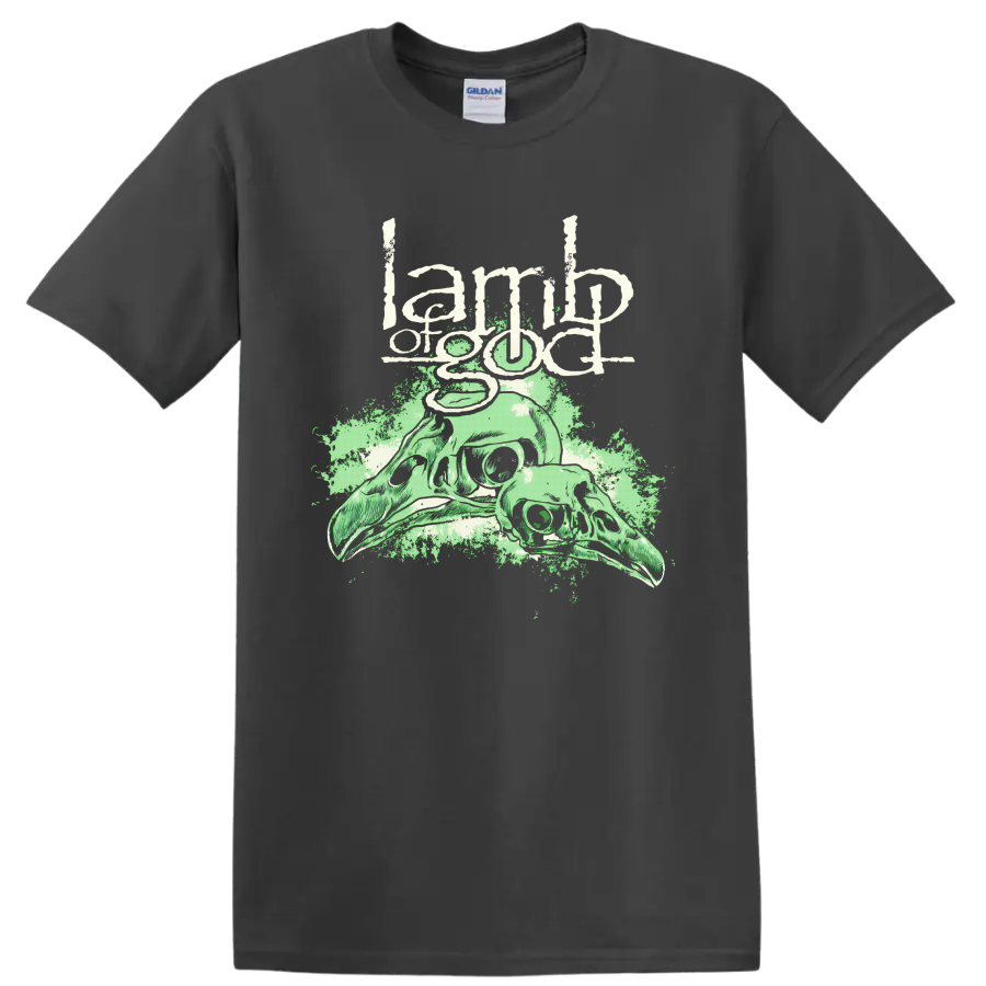 Lamb of God distressed logo above pale green animal skulls and splatter art on a Charcoal T Shirt
