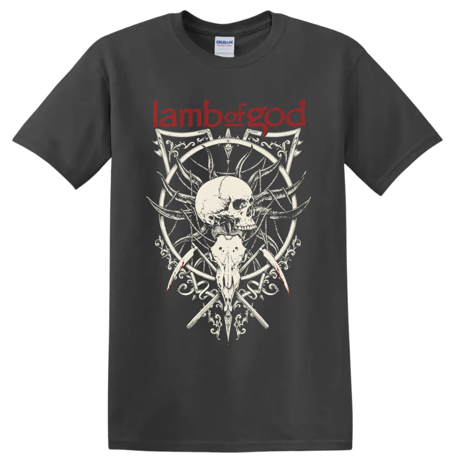 Lamb of God red logo above ornate gothic skull and animal skull artwork on a Charcoal T Shirt