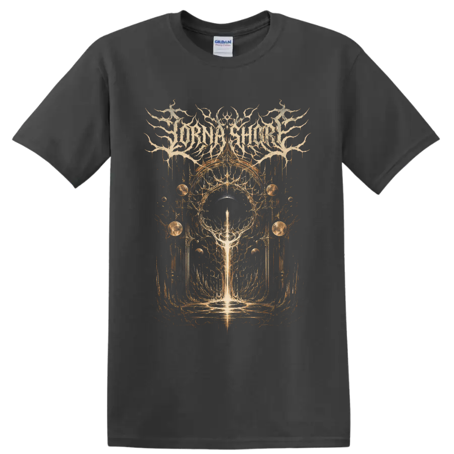 Lorna Shore logo above gothic cosmic eclipse, planets, arches, and luminous beam artwork on a Charcoal T Shirt