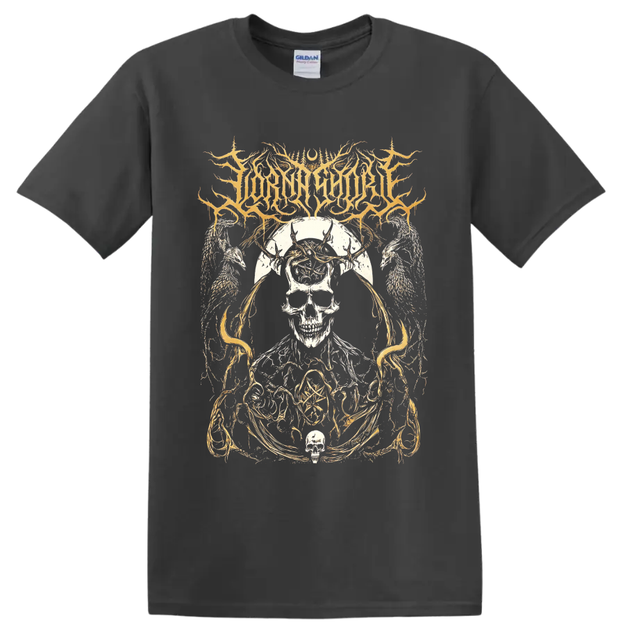 Lorna Shore skull, horned figure, angel wings, and ornate gothic linework on a Charcoal T Shirt