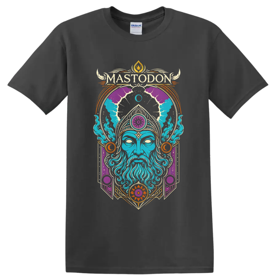 Mastodon logo above a blue wizard with psychedelic celestial and ornamental art on a Charcoal T Shirt
