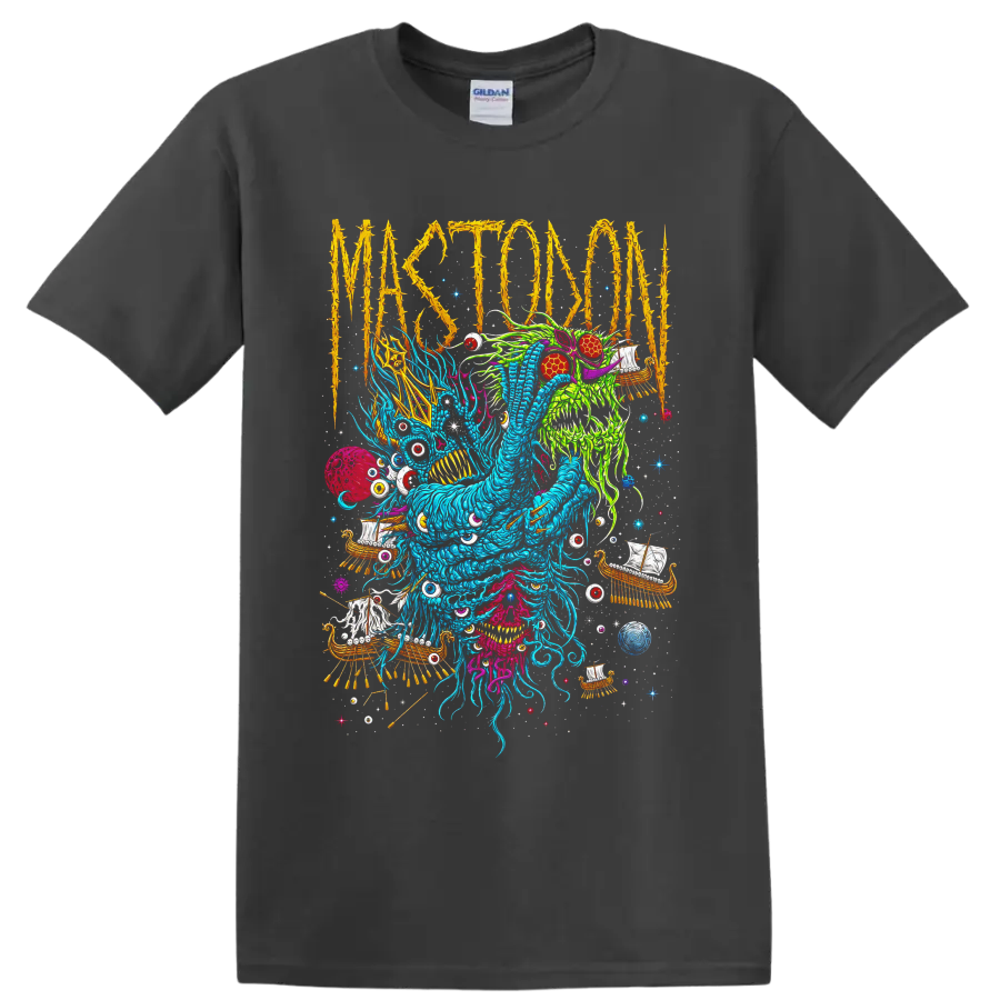 Mastodon thorn-lettered psychedelic monster with Viking ships, eyes, and cosmic details on a Charcoal T Shirt