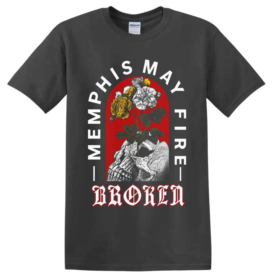Memphis May Fire gothic statue holding roses with red arch and ornate lettering on a Charcoal T Shirt