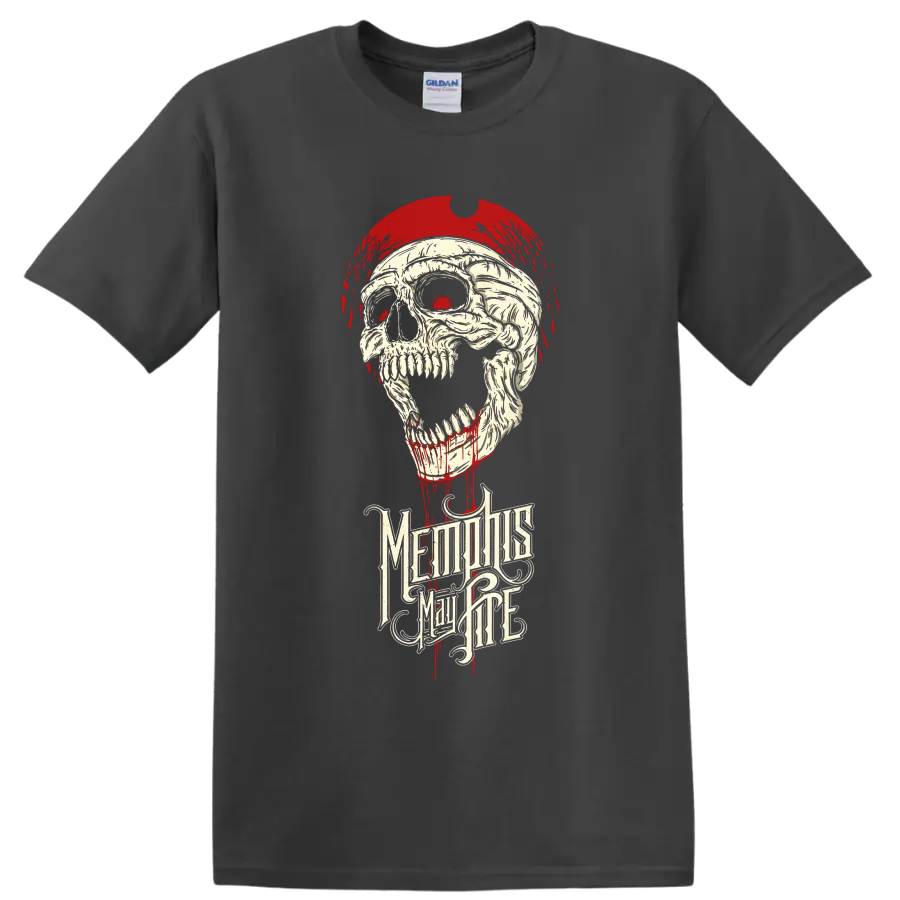 Memphis May Fire gothic skull with red paint drips and ornate band lettering on a Charcoal T Shirt