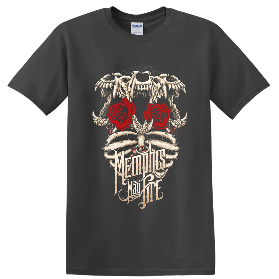 Memphis May Fire gothic skull, bones, red roses, and ornate logo artwork on a Charcoal T Shirt