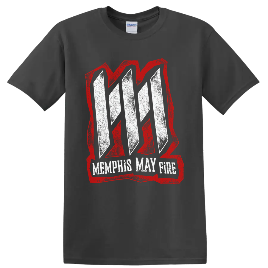 Memphis May Fire distressed white logo inside a bold red angular emblem on a Charcoal T Shirt