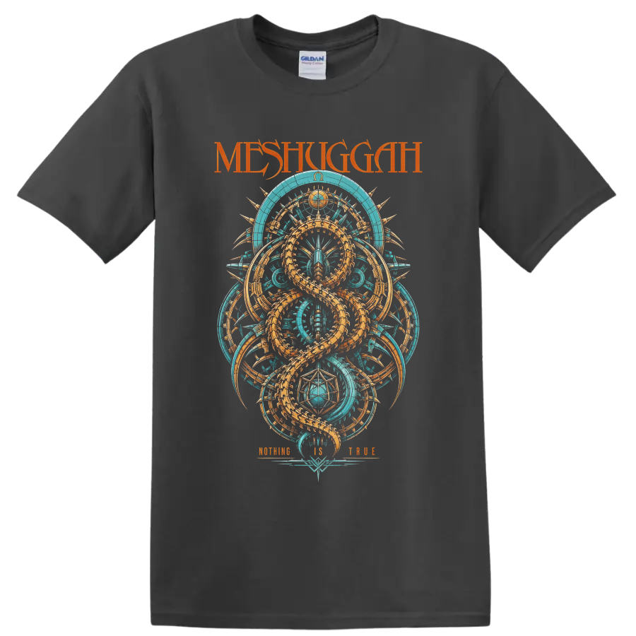 Meshuggah Koloss-inspired turquoise and orange serpent geometry with Nothing Is True text on a Charcoal T Shirt