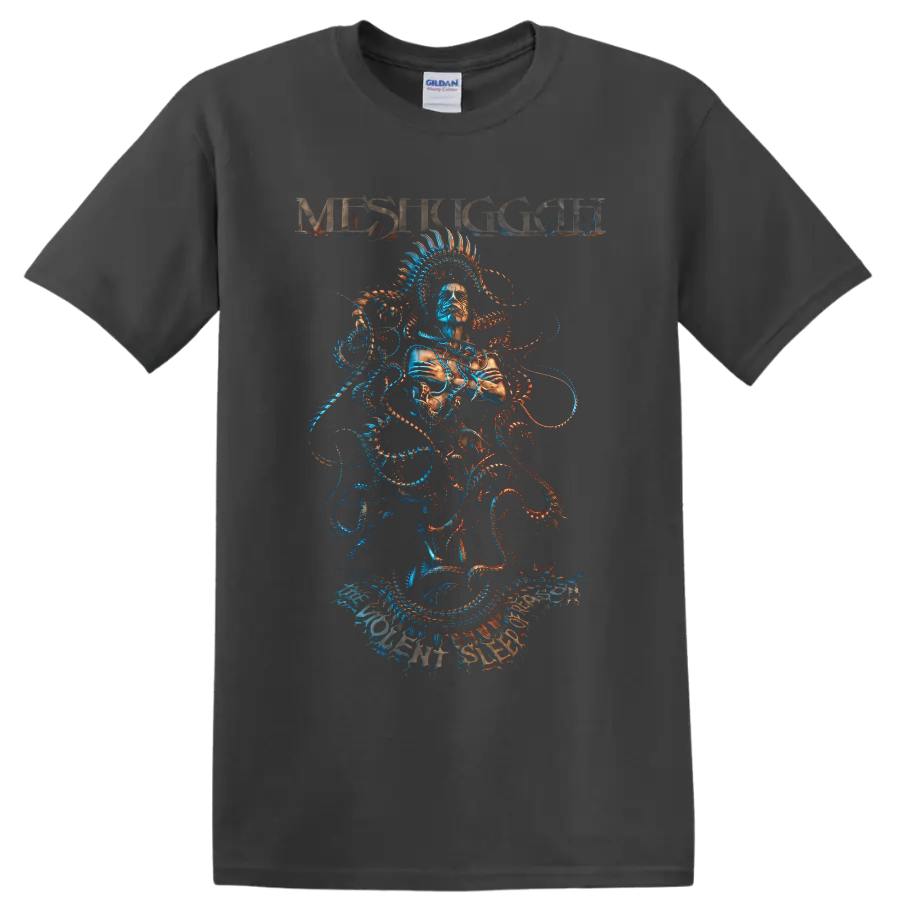 Meshuggah surreal masked figure with spiked halo and blue-orange mechanical tendrils on a Charcoal T Shirt