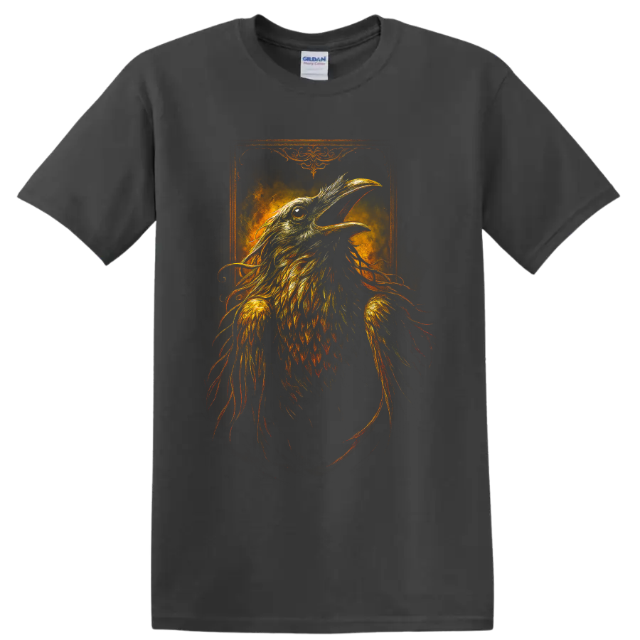 Detailed gothic raven illustration with fiery feathers and ornate vintage frame on a Charcoal T Shirt