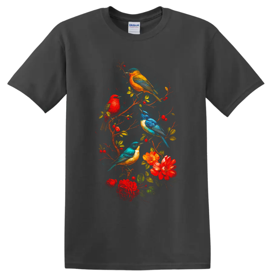Vibrant songbirds on flowering berry branches in a colorful botanical illustration on a Charcoal T Shirt