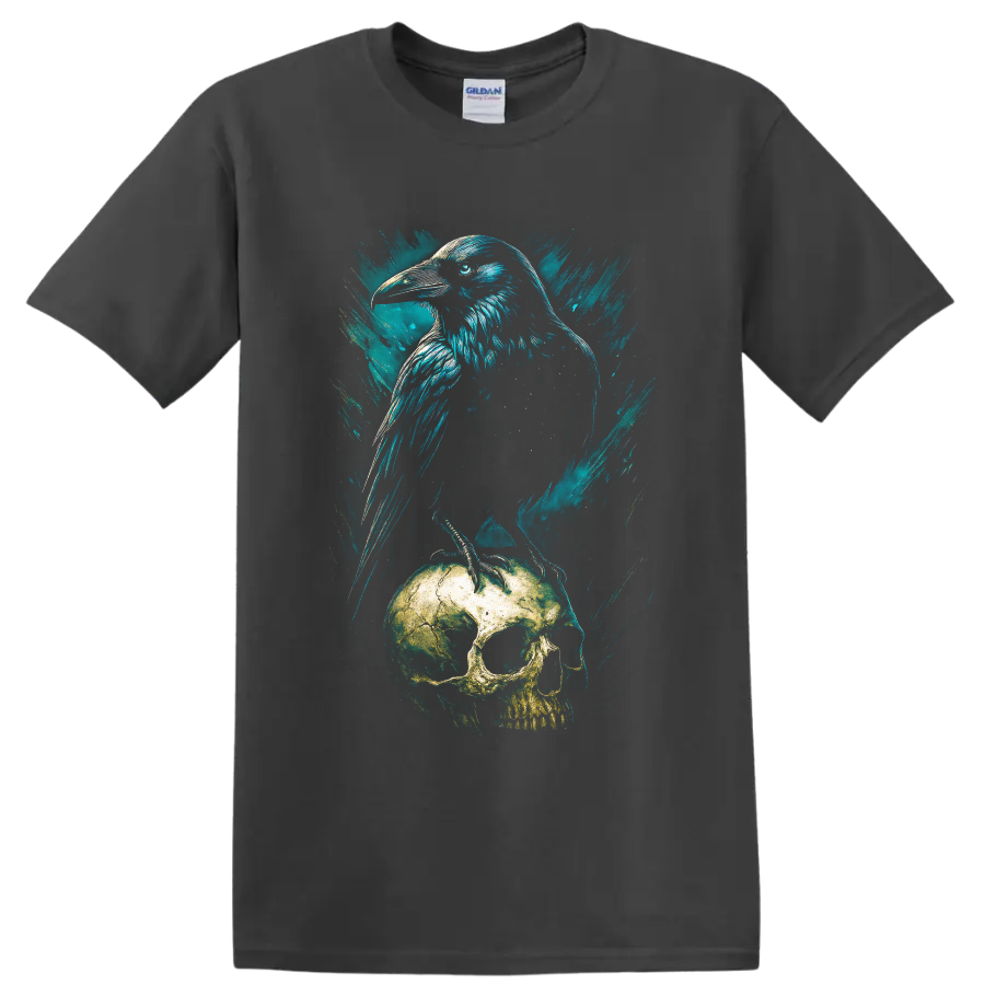 Teal grunge raven perched on a weathered skull gothic bird illustration on a Charcoal T Shirt