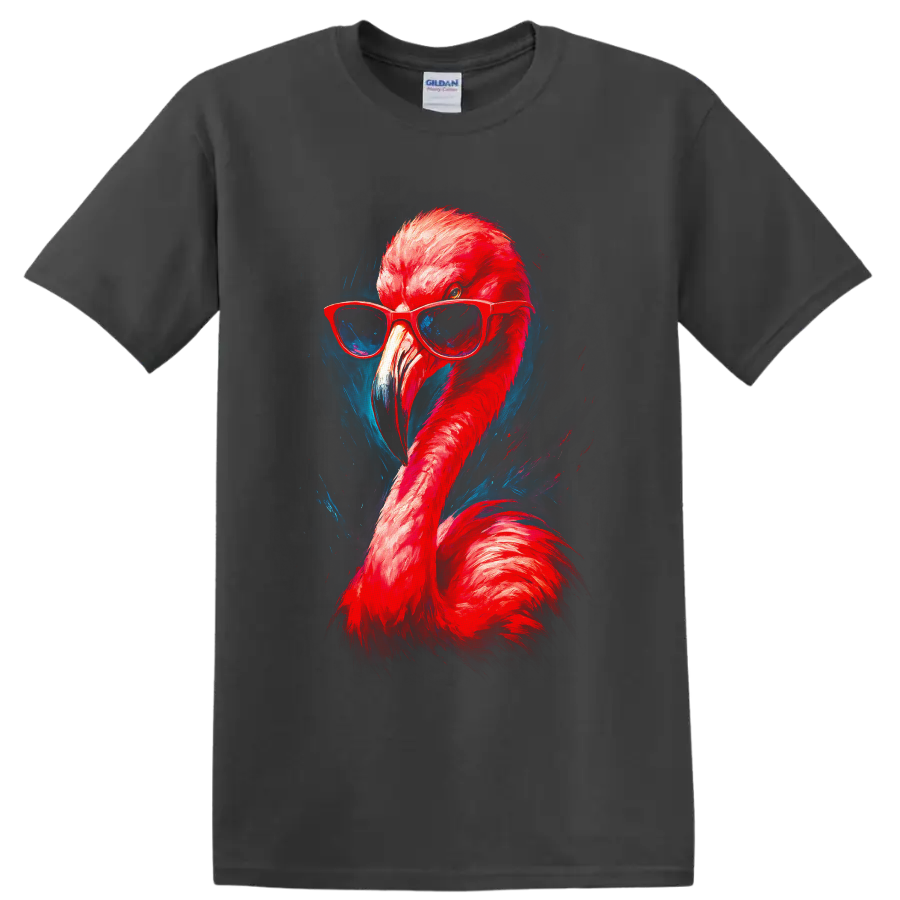 Stylish flamingo in red sunglasses with vivid neon painterly blue accents on a Charcoal T Shirt