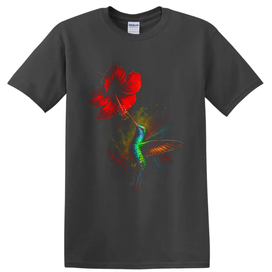 Vibrant hummingbird reaching toward a red hibiscus in dramatic painterly wildlife art on a Charcoal T Shirt