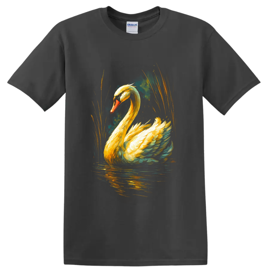 Dramatic painterly mute swan with golden feathers, reeds, and reflective water on a Charcoal T Shirt