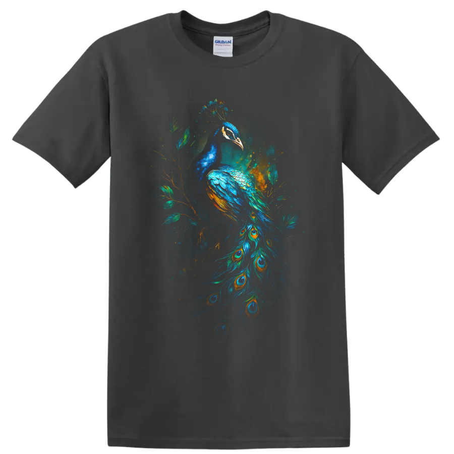 Modernist peacock illustration with vivid blue plumage, eye-feather tail, and leafy on a Charcoal T Shirt