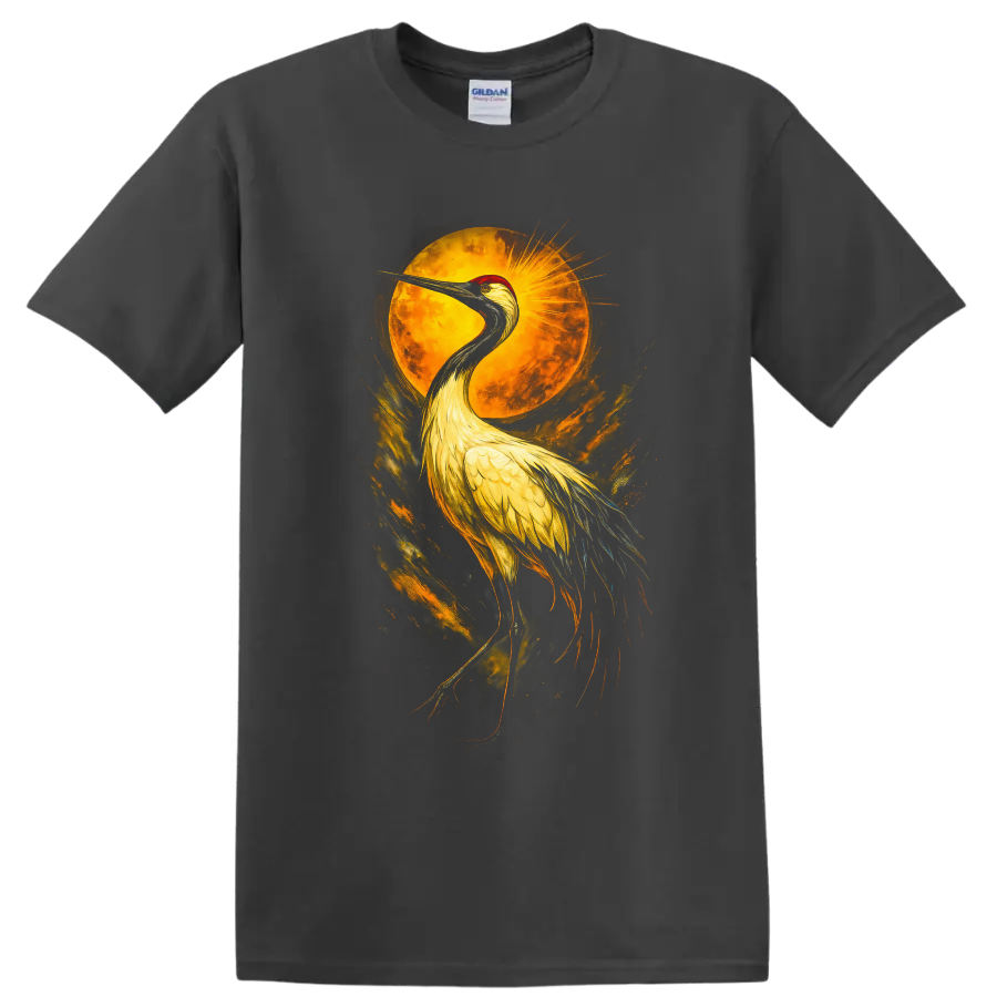 Sandhill crane beneath a golden sun in dramatic painterly wildlife art on a Charcoal T Shirt