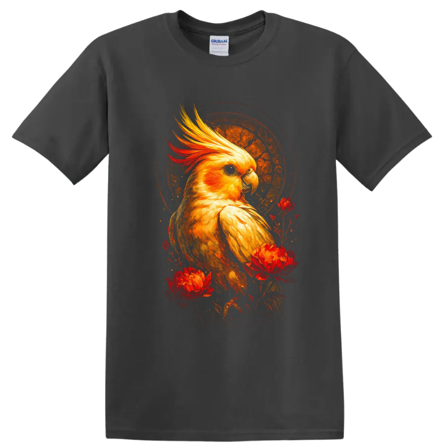 Golden cockatiel portrait with red flowers and textured sunset halo on a Charcoal T Shirt
