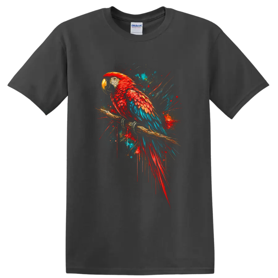 Scarlet macaw parrot on a branch in vibrant red and blue paint splash art on a Charcoal T Shirt