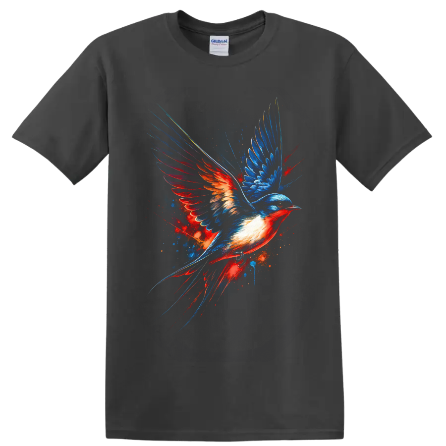 Dynamic artistic swallow in flight with electric blue and fiery red painted wings on a Charcoal T Shirt