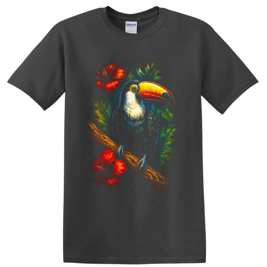 Vibrant painterly toucan on a branch with tropical leaves and red hibiscus flowers on a Charcoal T Shirt