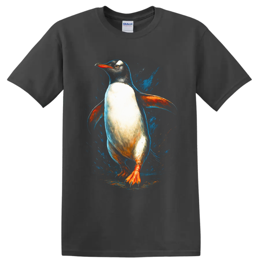 Dynamic Gentoo penguin in colorful painterly wildlife art with blue splashes on a Charcoal T Shirt