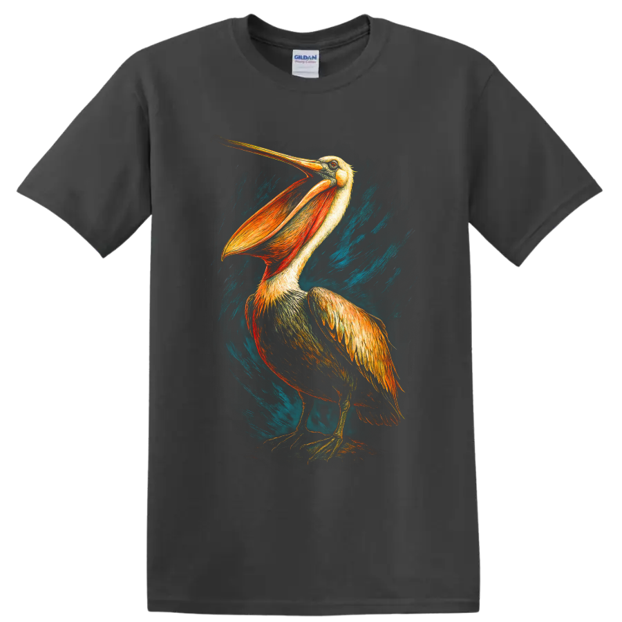 Dramatic hand-drawn pelican with golden feathers and teal coastal brushstrokes on a Charcoal T Shirt