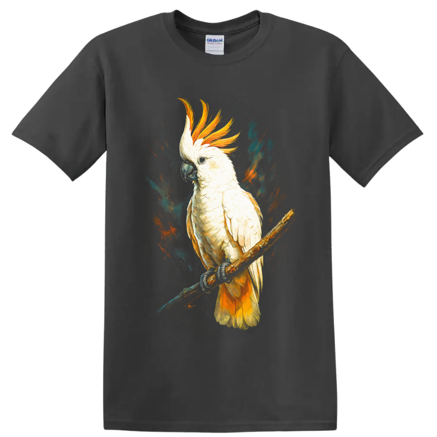 Sulphur-crested cockatoo perched on a branch in dramatic modern wildlife art on a Charcoal T Shirt