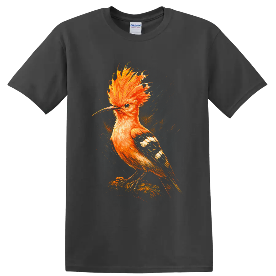 Vibrant artistic hoopoe bird with orange crest, patterned wings, and painterly background on a Charcoal T Shirt